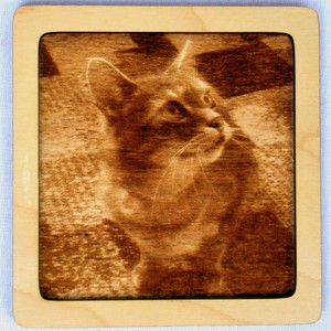 Dřevěný gravírovaný obrázek malý-kočka pohled do prava-poslední kus!
