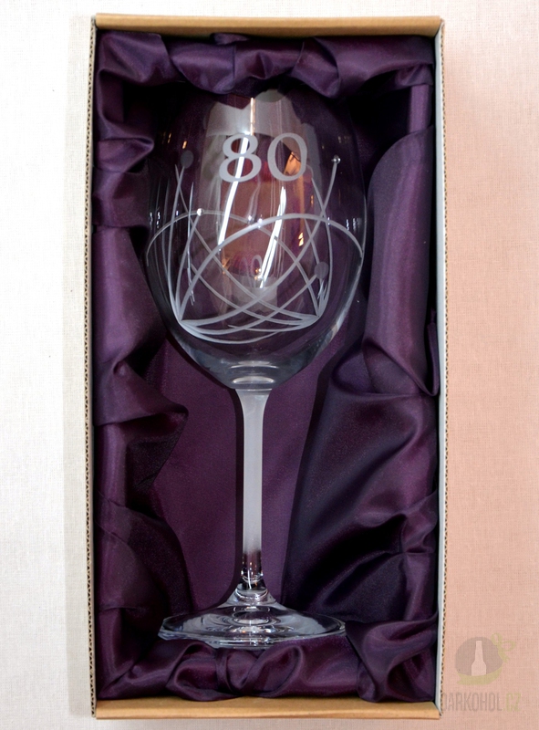 Pískované sklo - Pískovaná sklenice na víno - 80 let s kamínky