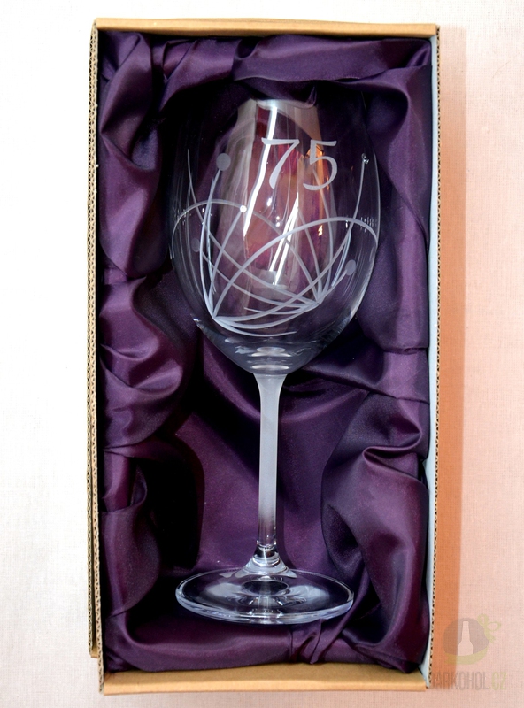 Pískované sklo - Pískovaná sklenice na víno - 75 let s kamínky