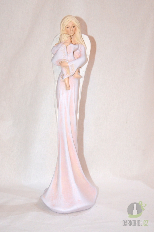 Dárky - Anděl stojící s dítětem - růžový, 36 cm, polystone