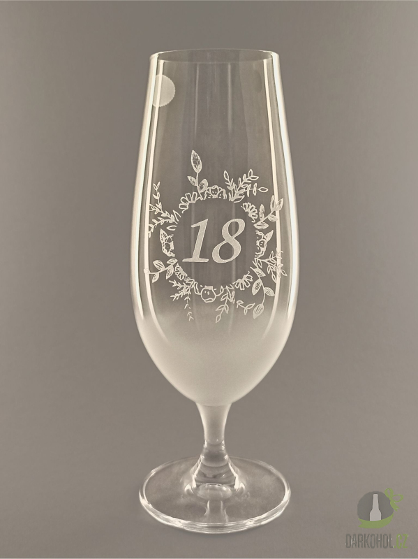 Pískované sklo - Pískovaná sklenice na pivo - 18 let s květinou