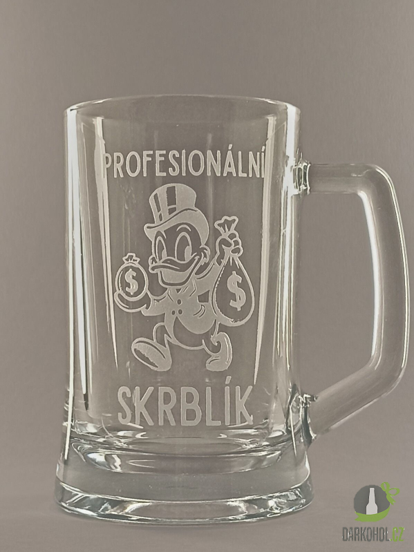 Pískované sklo - Pískovaný půllitr s uchem Skrblík