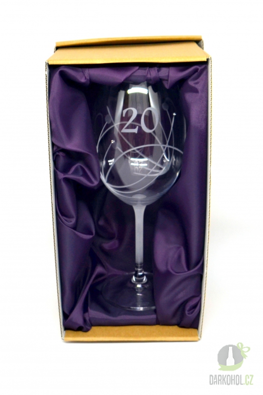 Pískované sklo - Pískovaná sklenice na víno - 20 let s kamínky