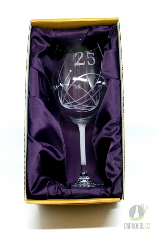 Pískované sklo - Pískovaná sklenice na víno - 25 let s kamínky