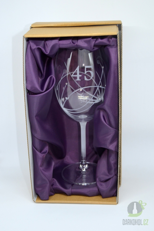 Pískované sklo - Pískovaná sklenice na víno - 45 let s kamínky
