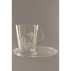 Pískovaný hrnek s talířkem - Motýli