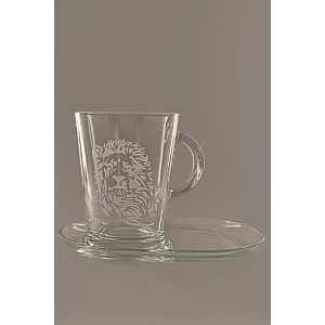 Pískovaný hrnek s talířkem - Lev