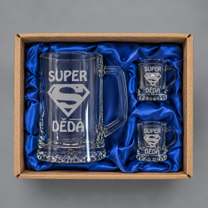 Pískovaný půllitr s uchem + dva panáky - Super děda