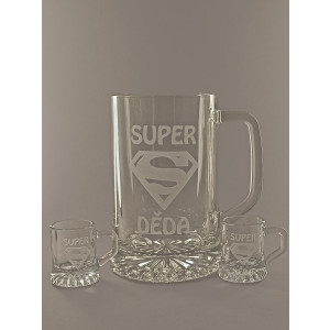 Pískovaný půllitr s uchem + dva panáky - Super děda
