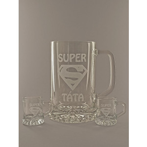 Pískovaný půllitr s uchem + dva panáky - Super táta