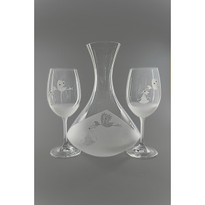 Souprava karafa pískovaná dvě sklenice s kamínky na víno čáp